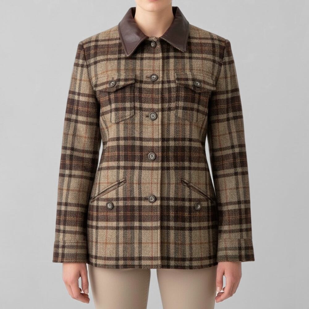 90s Tweed 100% Wool Plaid Blazer Jacket S Academia Heritage Old Money Leather